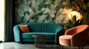 teal velvet sofa and peach armchair in a room with tropical leaf wallpaper, showcasing elegant interior design, ideal for luxury and relaxation concepts