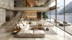 elegant home with ocean view. open plan, marble floors, modern furniture, and staircase. large windows