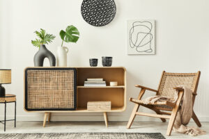 stylish scandinavian living room interior of modern apartment wi